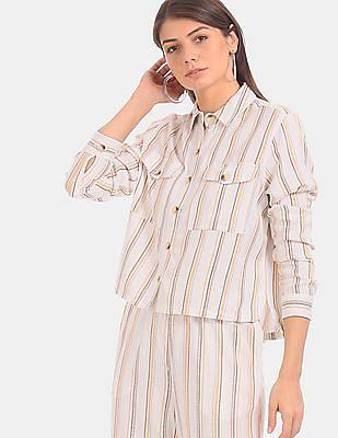 women off-white spread collar striped shirt