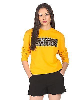 women mustard crew neck brand print sweatshirt