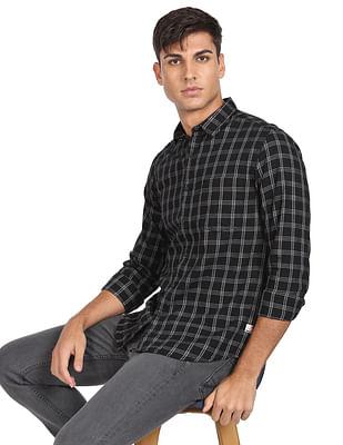 men black windowpane check pure cotton casual shirt