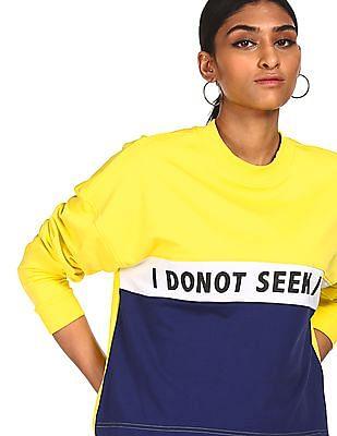 women yellow and navy drop shoulder colour block sweatshirt