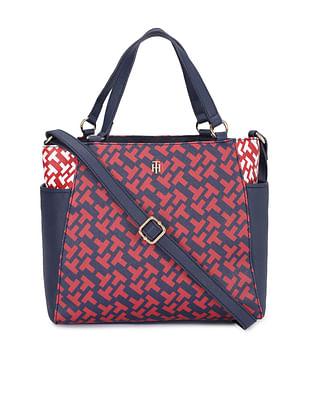 women navy and red all over monogram print logo handbag