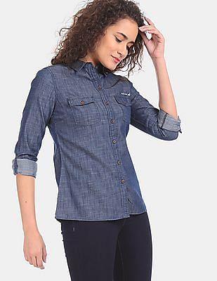 blue flap pocket slub cotton shirt