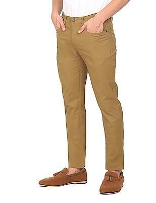 men khaki mid rise solid casual trousers