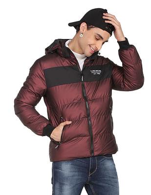 men maroon stand collar detachable hood puffer jacket