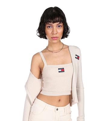 women beige badge ribbed crop camisole sweater