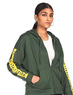 women dark green cotton contrast tape sweatshirt