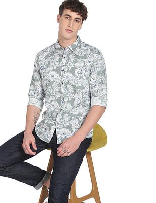 men light green spread collar floral print casual shirt