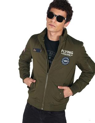 men dark olive appliqued insulated bomber jacket