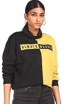 women yellow and black crew neck colour block sweatshirt