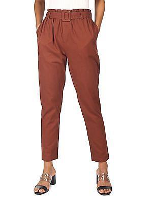 women rust elasticized waist solid trousers