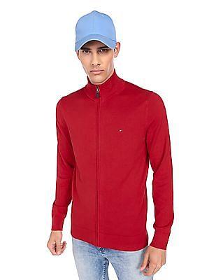 men red essential mock neck zip through cotton sweater