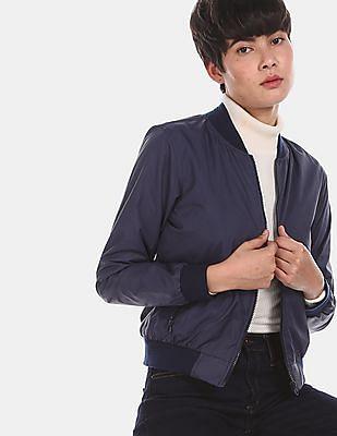 women indigo ribbed stand collar solid bomber jacket