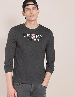 long sleeve brand print heathered cotton t-shirt