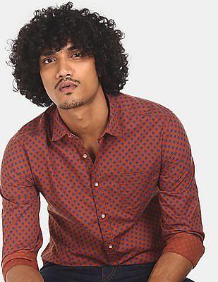 men rust cotton printed casual shirt