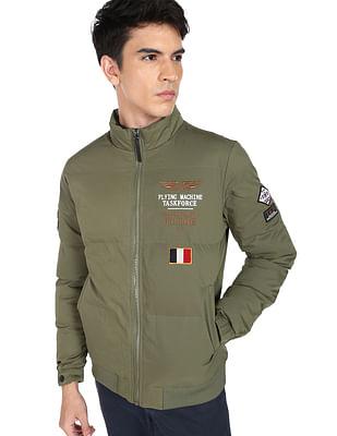 men olive high neck appliqued quilted jacket