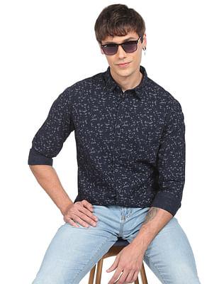 men navy floral print pure cotton casual shirt