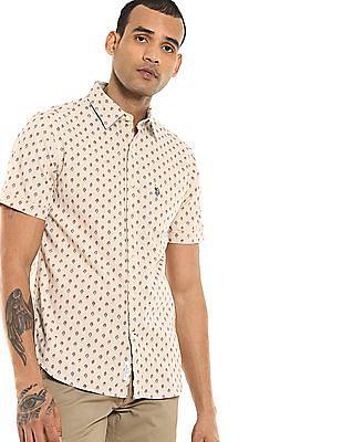 men light beige tailored regular fit short sleeve casual shirt