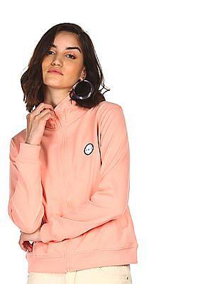 women orange solid high neck sweatshirt