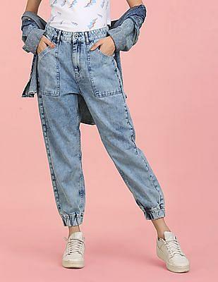 women light blue acid wash elasticized ankle cuff jeans