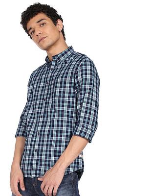 men navy and green plaid check cotton casual shirt