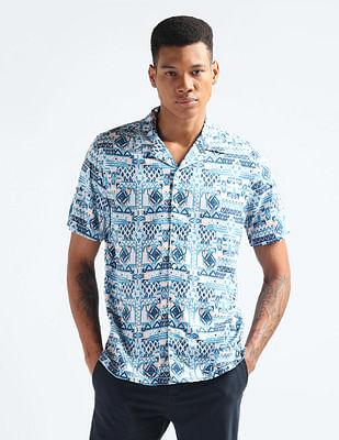 cuban collar motif print shirt