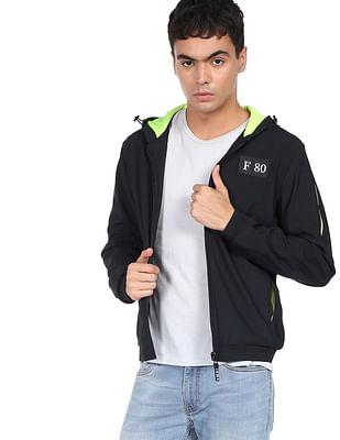 men black panelled solid hooded casual jacket