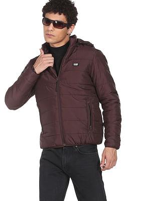 men brown detachable hood solid puffer jacket