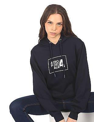 women navy brand print hooded sweatshirt