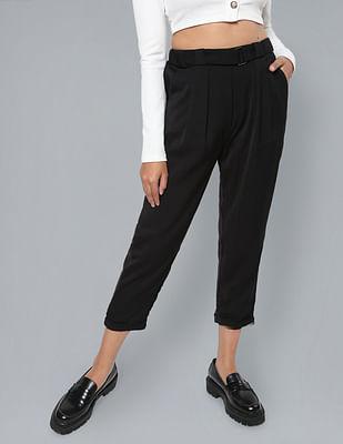 black mid rise solid pleated trousers