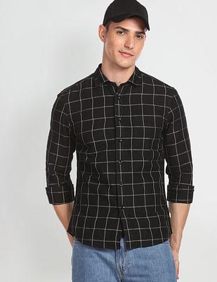 windowpane check spread collar casual shirt