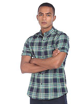 men green and navy short sleeve check casual shirt