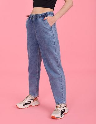 blue high rise acid wash jogger jeans