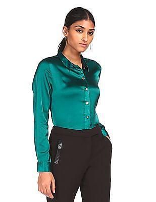 teal spread collar solid formal shirt