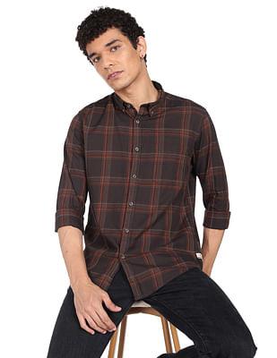 men brown twill weave plaid check casual shirt