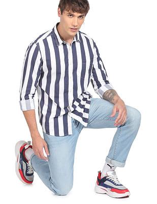 men blue cotton vertical stripe casual shirt