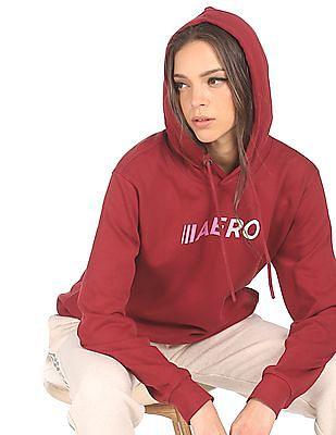 women maroon brand print hooded sweatshirt