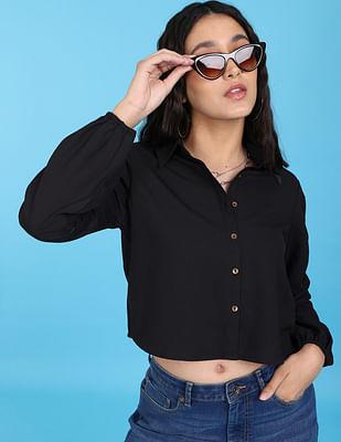 black ruched sleeve solid polyester shirt