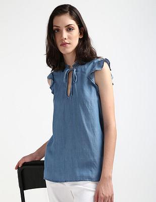 flutter sleeve chambray top