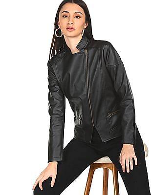 women black stand collar solid biker jacket