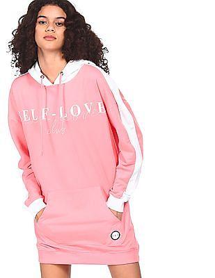 women pink long sleeve printed hood sweatshirt