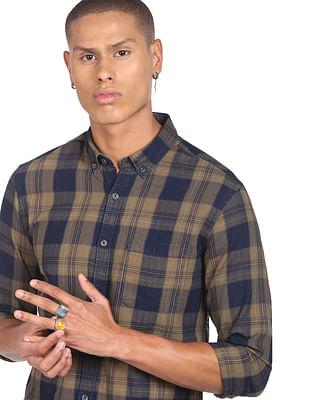 men brown button down collar plaid check casual shirt