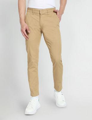 men khaki solid twill trousers