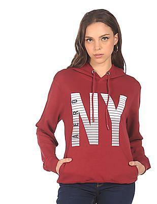 women maroon brand print hooded sweatshirt