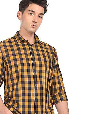 men mustard and navy spread collar check casual shirt