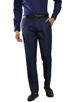 men navy mid rise hop scotch dobby formal trousers