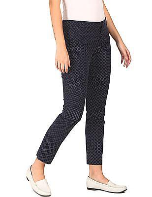 women navy skinny fit printed casual trousers