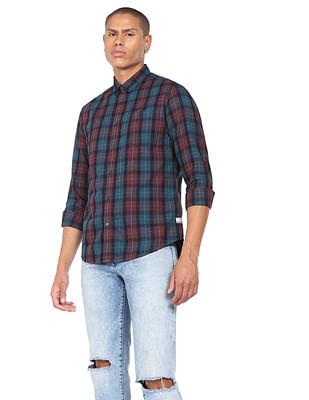 men teal plaid check cotton casual shirt