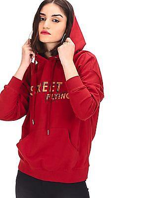 maroon long sleeve graphic print hooded sweatshirt