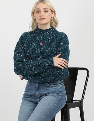 mockneck marled yarn sweater