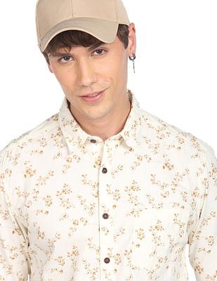 men beige floral print pure cotton casual shirt